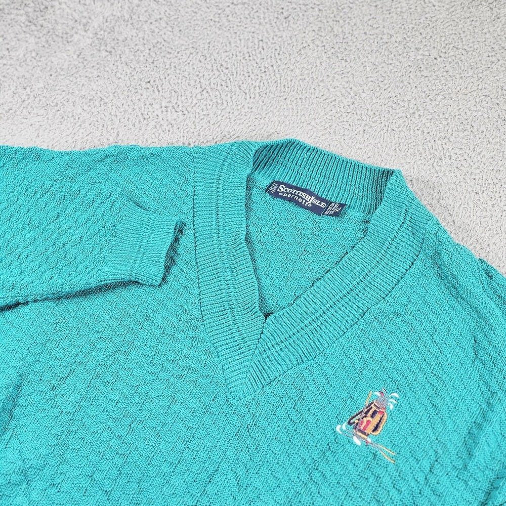 Scottish Isle Sweater Mens XL Green Cotton Knit V Neck Golf Bag Logo Made USA